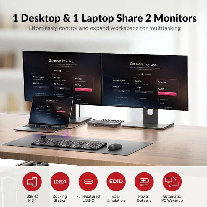 AV Access iDock P10, USB-C KVM Docking Station, 10-in1, for 1 Laptop & 1 Desktop, 4K@60Hz Dual Monitor, 2-fach KVM-Switch