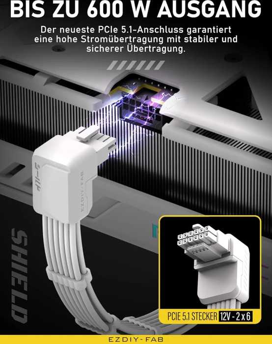 EZDIY-FAB 12V-2x6 Kabel, Shield, 16-Pin PCIe Verlängerungskabel, 1x 16-Pin PCIe 5.1 Buchse auf 16-Pin PCIe 5.1 Stecker, Variante Reverse, Sense-Pins an der Oberseite, 16AWG, weiß, 90° gewinkelt