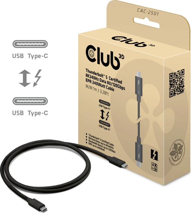 Club 3D Thunderbolt 5 Kabel, 240W, schwarz, 1m (verschiedene Markenbezeichnungen)