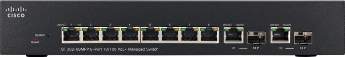 Cisco SF300 Desktop Managed Switch, 8x RJ-45, 2x RJ-45/SFP, 124W PoE+