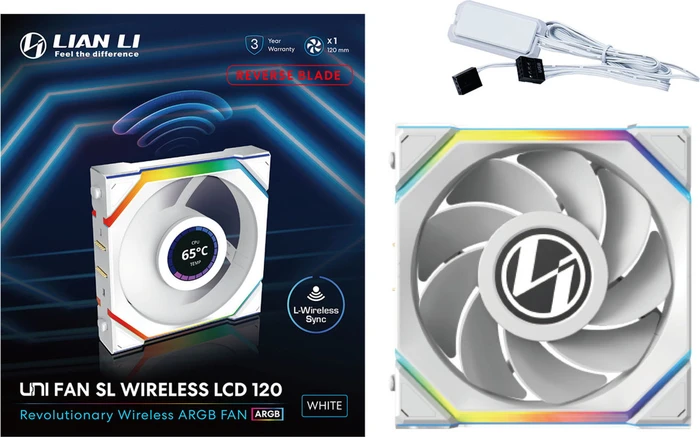 Lian Li Uni Fan SL Wireless LCD 120 ARGB Reverse Blade, weiß, 120mm