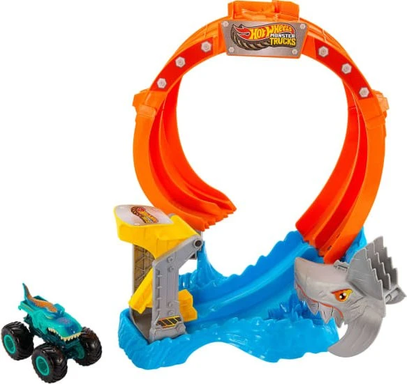 Mattel Hot Wheels Monster Trucks Corkscrew Shark Smash Track Set