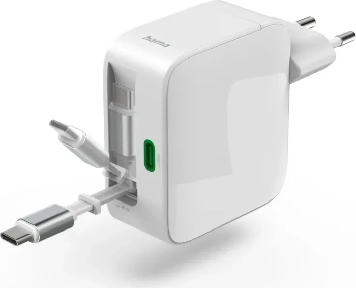 Hama Schnellladegerät GaN ausziehbares Ladekabel PD 65W weiß