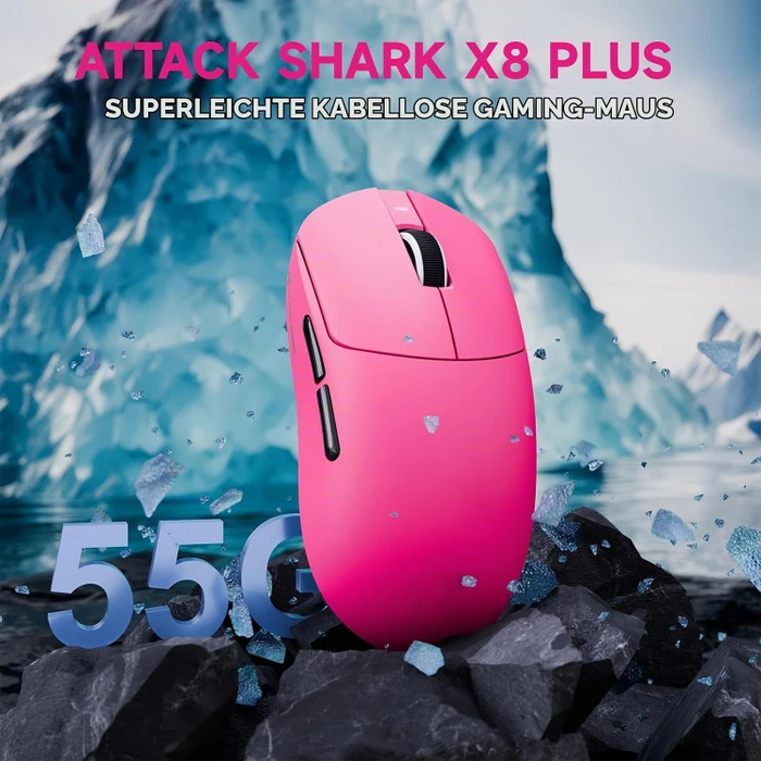 Attack Shark X8 Plus Tri-mode Wireless Gaming Mouse, Berry Red, inkl. C06 Ultra LED Kabel, USB/Bluetooth
