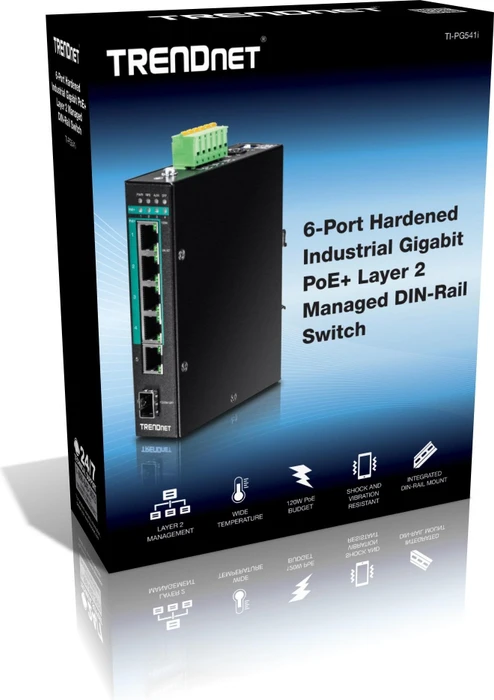 TRENDnet TI Hardened Industrial Railmount Gigabit Managed Switch, 5x RJ-45, 1x SFP, 120W PoE+