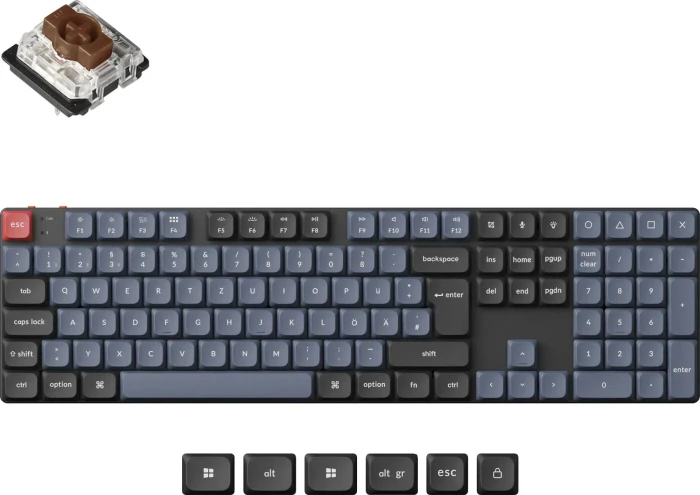 Keychron K5 Pro, PBT, schwarz/blaugrau, LEDs RGB, hot-swap, Gateron LOW PROFILE 2.0 BROWN, USB/Bluetooth, DE