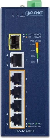 Planet IGS-614HPT Industrial Railmount Gigabit Switch, 5x RJ-45, 1x SFP, 120W PoE+