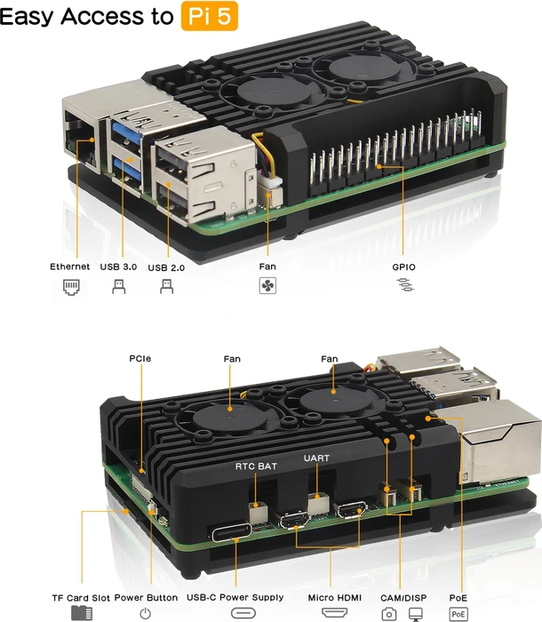 Geekworm Aluminiumgehäuse Armor Case für Raspberry Pi 5, mit 2x Lüfter, schwarz