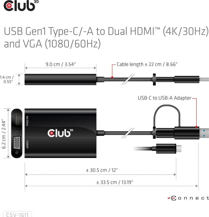 Club 3D USB-C/USB-A 3.0 [Stecker] auf HDMI 4K/30Hz [Buchse], VGA 1080/60Hz [Buchse], M/F Adapter