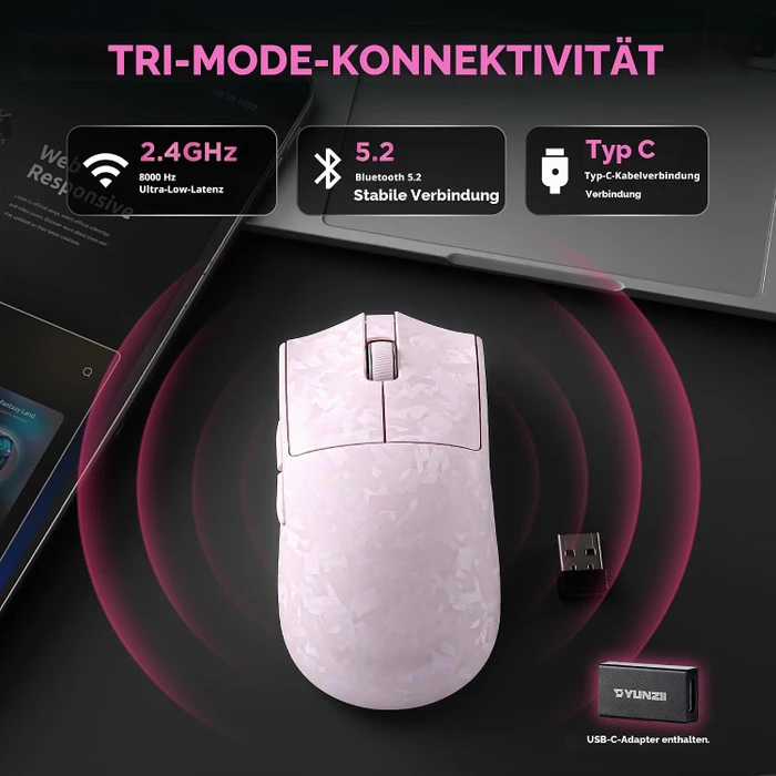 Yunzii M2 Dual 8K Custom Wireless Gaming Maus, rosa, USB/Bluetooth