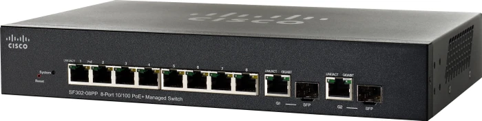Cisco SF300 Desktop Managed Switch, 8x RJ-45, 2x RJ-45/SFP, 62W PoE+