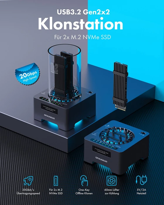 Graugear G-M2DK-CL-20G, M.2 NVMe Dockingstation mit Klon-Funktion, USB-C 3.2