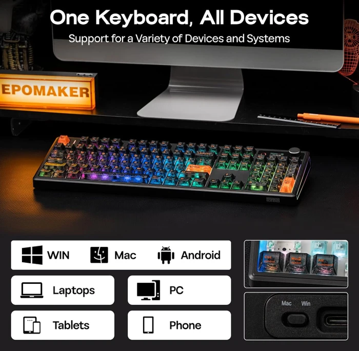 Epomaker TH108 V2 Pro Wireless, Black, LEDs RGB, hot-swap, Epomaker Sea Salt Silent V2, USB/Bluetooth, US