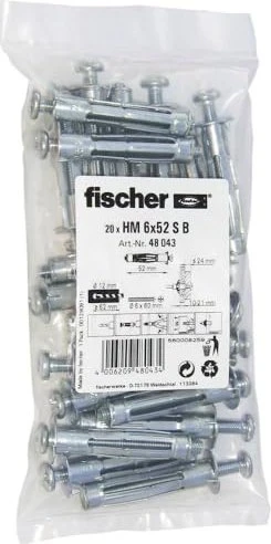 fischer HM 6x52 S B Hohlraum-Metalldübel Schrauben/Dübel-Sortiment, 20 Stück
