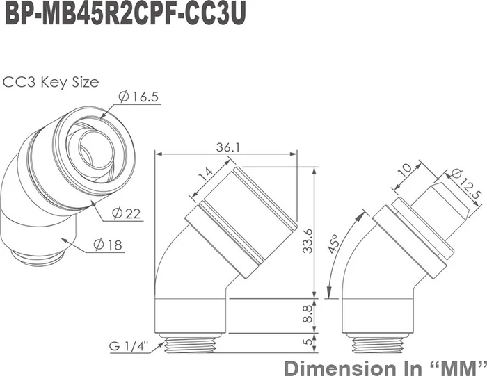 Bitspower Schlauchanschluss 45° G1/4" auf 16/10mm, drehbar, Matt Black