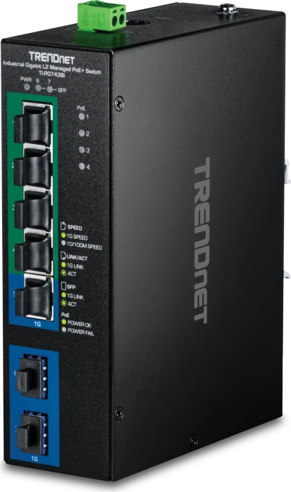 TRENDnet TI Hardened Industrial Railmount Gigabit Switch, 5x RJ-45, 2x SFP, 120W PoE+