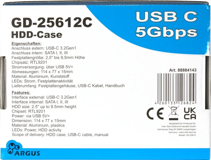 Inter-Tech Argus GD-25612C, schwarz, USB-C 3.0