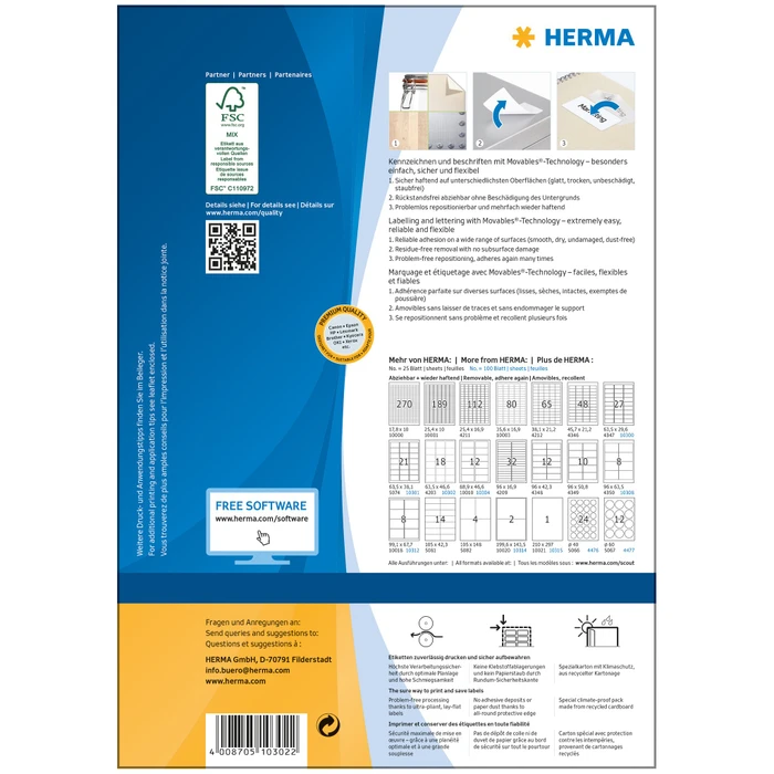 Herma Etiketten, 96x42.3mm, ablösbar, weiß, matt, 100 Blatt (1800 Etiketten)