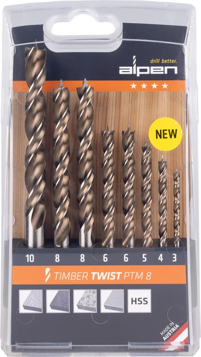 Alpen Timber Twist PTM 8 Holzspiralbohrer-Sortiment, 8-tlg.