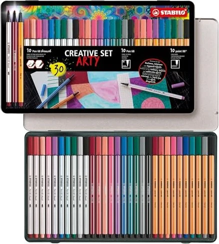 STABILO Pen 68 Pinsel mit flexibler Pinselspitze - Blechschachtel mit 30 Farben Image