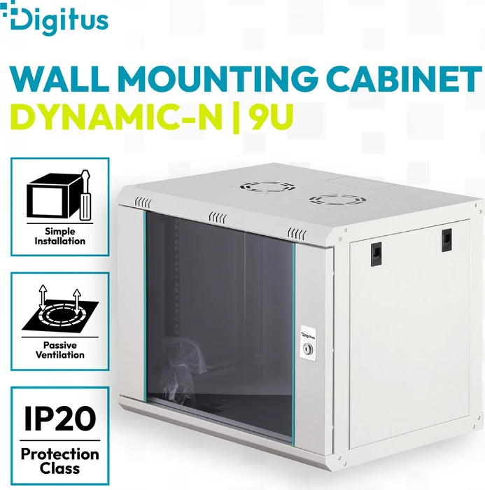 Digitus Dynamic-N Serie 19" Wandgehäuse 9HE, unmontiert, Sicherheitsglastür, IP2X, RAL 7035, 450mm tief