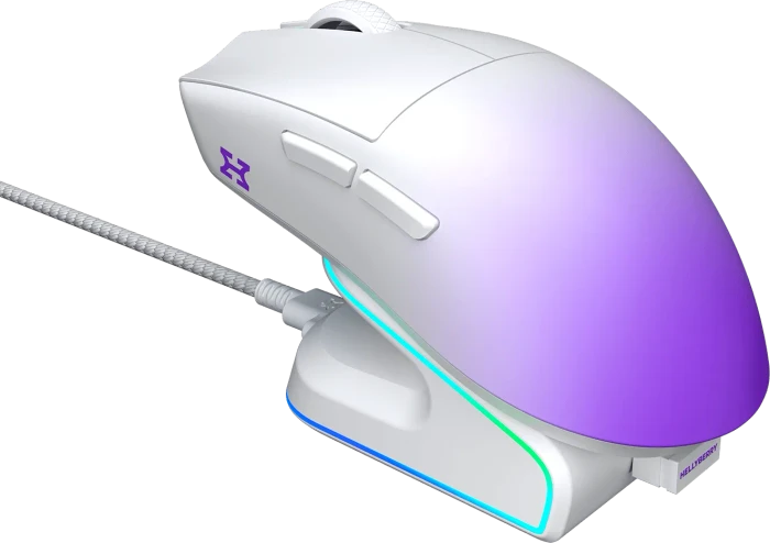Hellyberry HM47 Pro Wireless Gaming Mouse mit Ladestation, weiß/violett, USB/Bluetooth