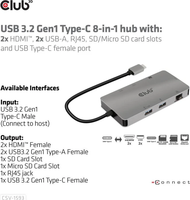 Club 3D 8in1 Hub, USB-C 3.0 [Stecker]