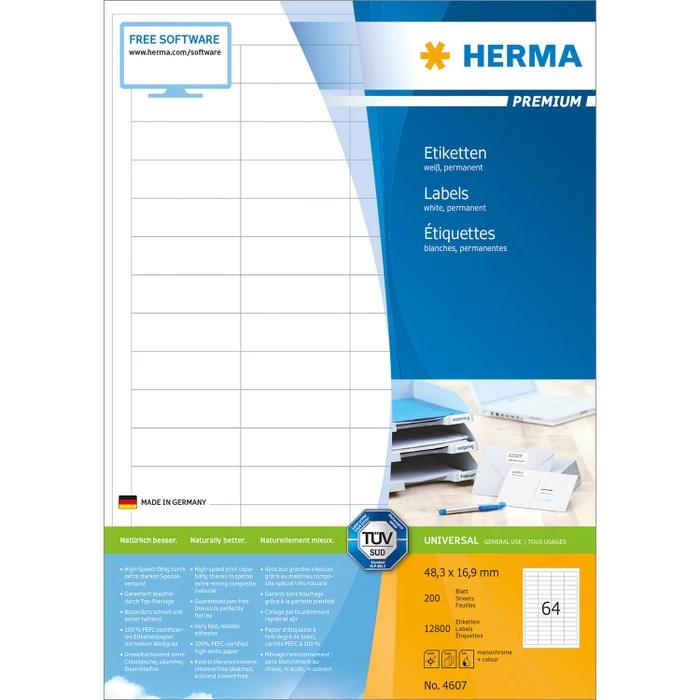 Herma Etiketten Premium, 48.3x16.9mm, weiß, matt, 200 Blatt (12800 Etiketten)
