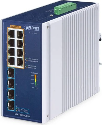 Planet IGS-1000 Industrial Railmount Gigabit Switch, 8x RJ-45, 2x SFP+, 360W PoE++