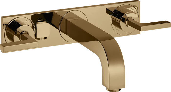 Hansgrohe Axor Citterio 3-Loch Waschtischarmatur für Wandmontage mit Hebelgriffen und Platte polished bronze