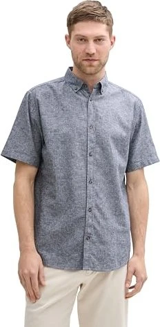 Tom Tailor Regular Fit Leinenanteil im Pünktchen-Muster Hemd kurzarm navy chambray/dot design (Herren)