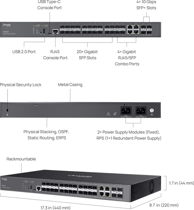 TP-Link Omada SG5400 Rackmount Gigabit Managed Switch, 20x SFP, 4x SFP+, 4x RJ-45/SFP