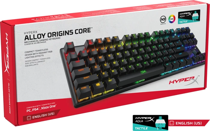 HP HyperX Alloy Origins Core, LEDs RGB, HyperX AQUA, USB, US