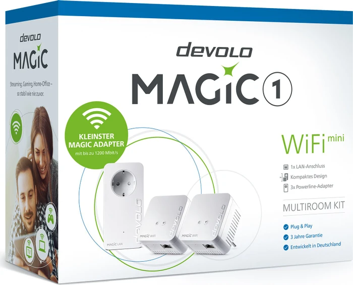 devolo Magic 1 WiFi Mini Multiroom Kit, 2x Powerline/WLAN-Access Point und Powerline-Adapter Set, 3er-Bundle