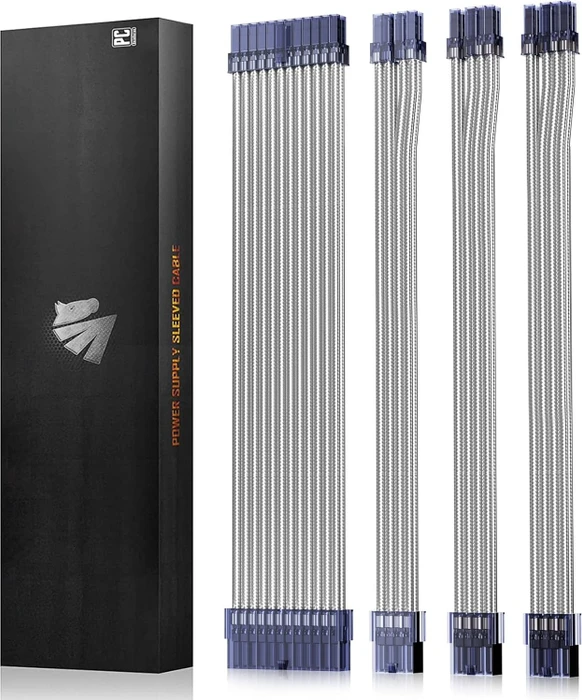 AsiaHorse GPU/CPU Cable Extension Kit, 1x 24-Pin, 1x 4/8-Pin ATX, 2x 8-Pin PCIe, 16AWG, transluzent silber, 30cm