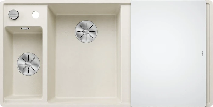 Blanco Axia III 6 S-F InFino Becken links mit Ablauffernbedienung softweiß inkl. Glasschneidebrett