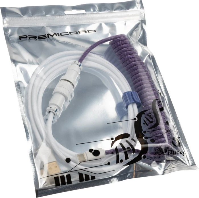 Ducky Premicord Spiralkabel USB-C auf USB-A, Tastaturkabel (Spiral-Textilkabel), 1.8m, violett/weiß
