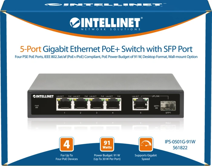 Intellinet Desktop Gigabit Switch, 5x RJ-45, 1x SFP, 91W PoE+