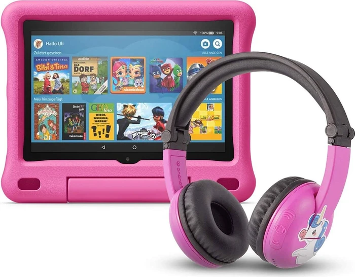 Amazon Fire HD 8 KFONWI 2020, ohne Werbung, pink, 32GB, inkl. BuddyPhones PlayTime Headset, Kids Edition