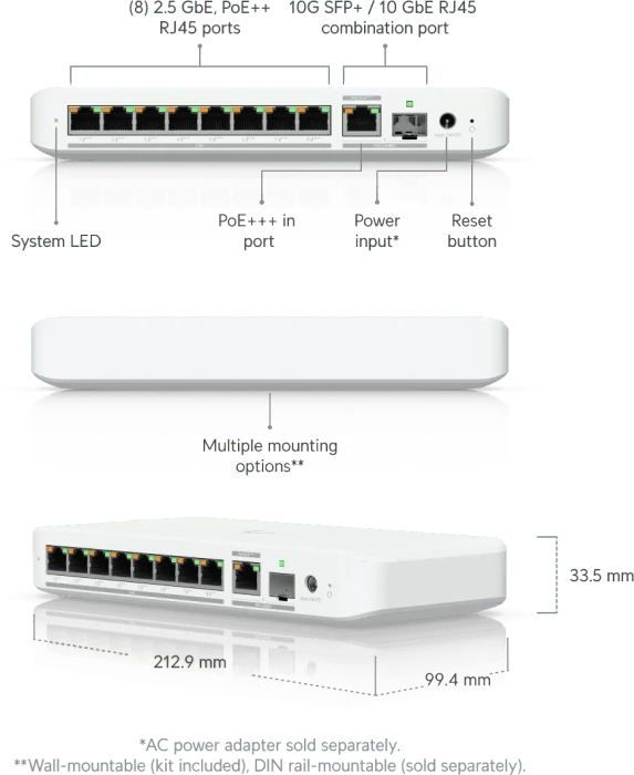 Ubiquiti UniFiSwitch Flex Desktop 2.5G Smart Switch, 8x RJ-45, 1x RJ-45/SFP+, 210W PoE++ PD