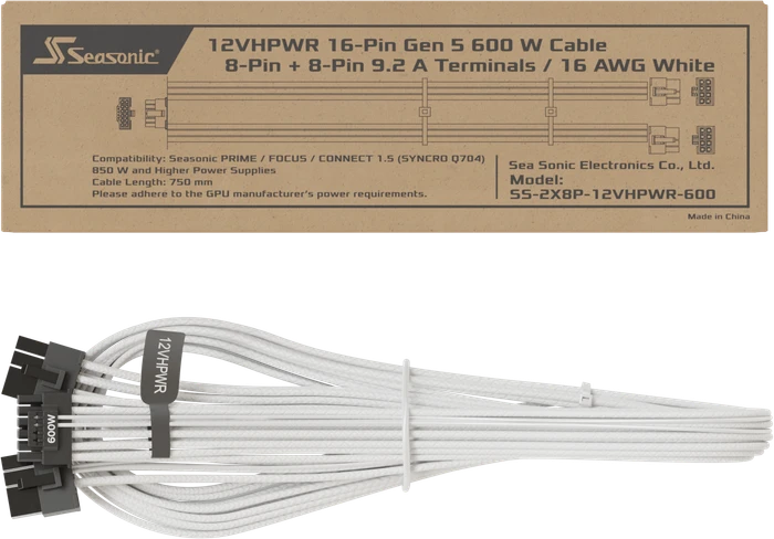 Seasonic 12VHPWR Cable, 600W PCIe 5.0 12VHPWR, 2x 8-Pin PCIe Stecker auf 16-Pin PCIe 5.0 12VHPWR Stecker, Adapterkabel, weiß, 75cm