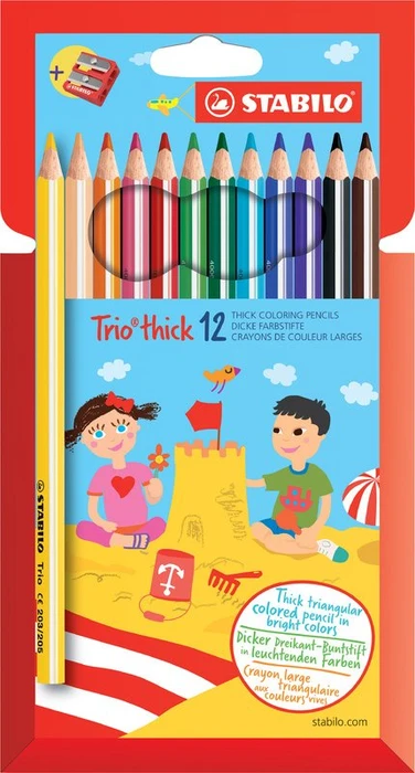 STABILO Trio thick Buntstift sortiert, Kartonbox, Anspitzer, 12er-Set