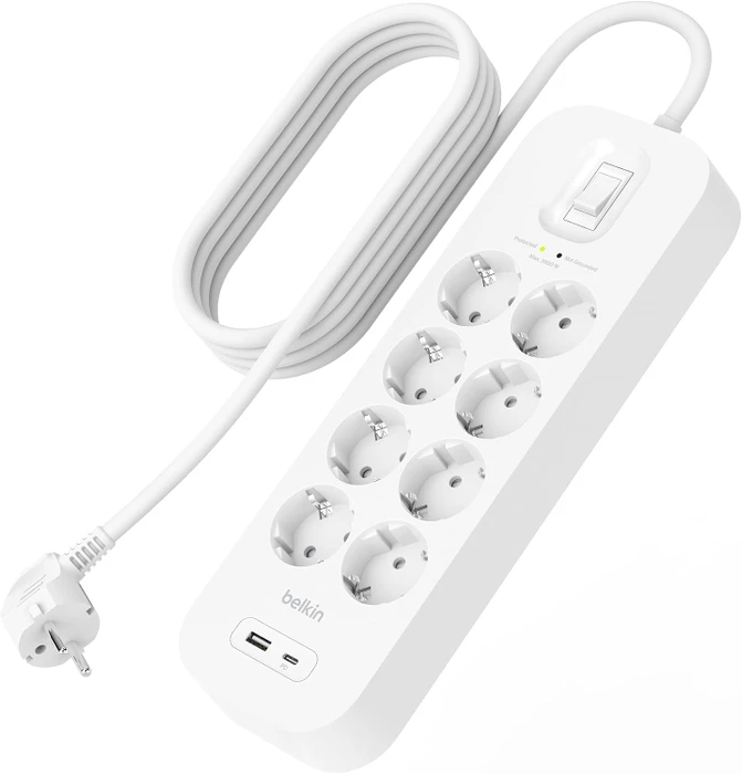 Belkin Connect V2 Überspannungsschutz, 8-fach, mit Schalter, 1x USB-A/1x USB-C, 2m, weiß