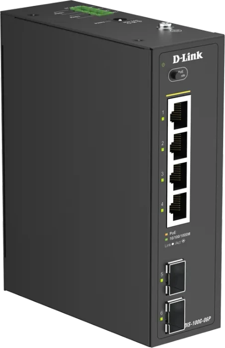D-Link DIS-100G Industrial Railmount Gigabit Switch, 4x RJ-45, 2x SFP, 120W PoE+
