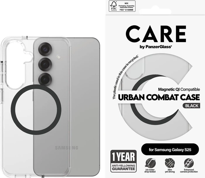 PanzerGlass Care Flagship Case Urban Combat Magnetic Qi für Samsung Galaxy S25 transparent/schwarz