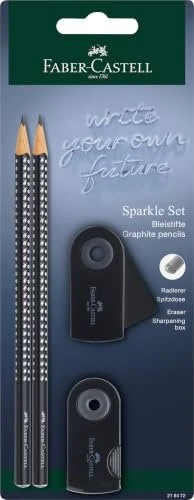 Faber-Castell Sparkle Schreibset Bleistift B graphit, schwarz, Radierer, Anspitzer, 4er-Set