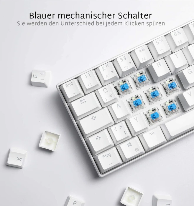 RK Royal Kludge RK61 60% Wireless, weiß, LEDs blau, Kailh BLUE, USB/Bluetooth, DE