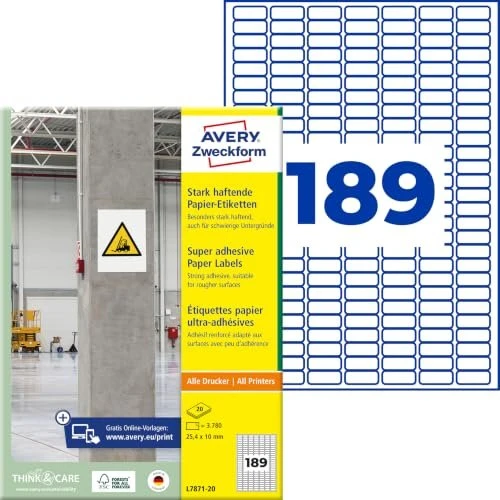 Avery-Zweckform Etiketten, 25.4x10mm, weiß, 20 Blatt (3780 Etiketten)