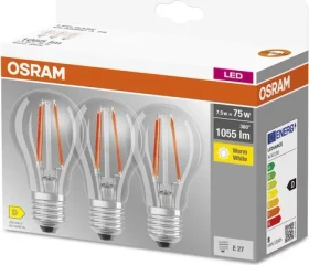 Osram Ledvance LED Base Classic A60 E27 7.5W/827, 3 Stück