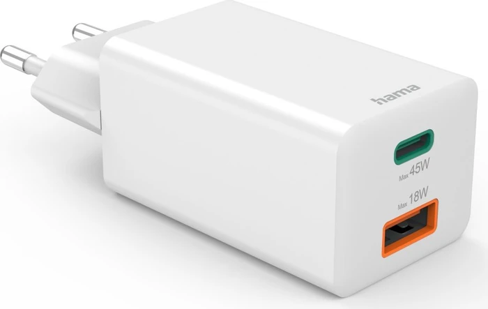 Hama GaN Schnellladegerät, USB-C/USB-A, 1x USB-C + 1x USB-A, 45W, weiß